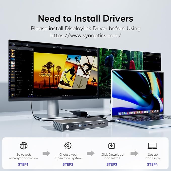 PULWTOP Displaylink Docking Station, USB C Docking Station Dual Displays for MacBook M1/M2/M3/M4 Windows, 4K@60Hz Displaylink Dock with 2 HDMI, 2 Display Port, 2USB C Data, 6 USBA, Ethernet, Audio