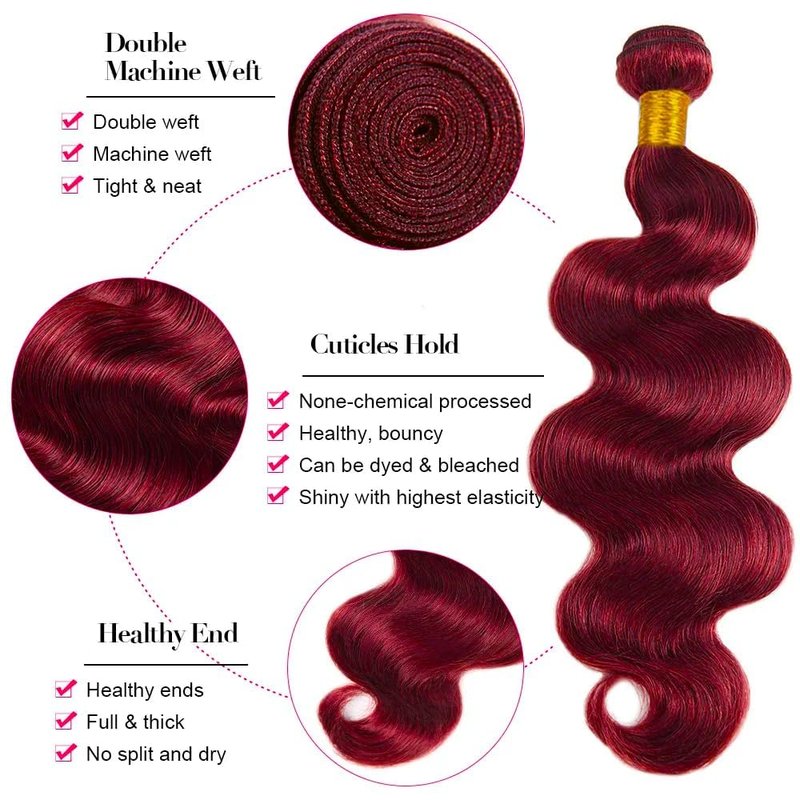 12A 99J Burgundy Body Wave Bundles Human Hair 1 Bundle 22 Inches 100% Human Hair Bundles
