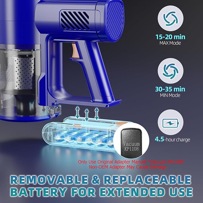 Cordless Vacuum Cleaner, 180Â° Bendable Wand Stick Vacuum Cleaners with LED Touch Screen, 8-in-1 Lightweight Rechargeable Vacuum with 1.5L Dust Cup for Home Hard Floor Low-Pile Carpet