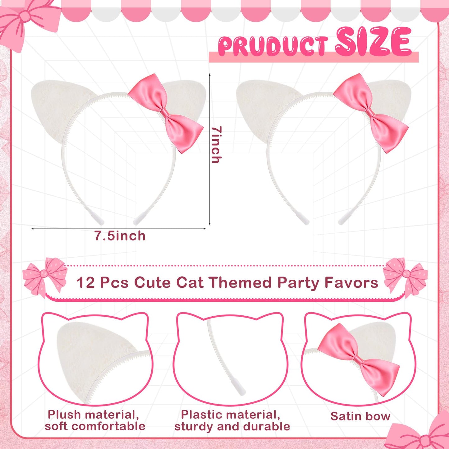 Knitgrip 12 Pcs Kitty Cat Ears Headbands Gift for Kitty Friends Birthday Party Favor Kitten Decoration(Pink,Classic)