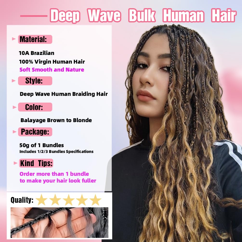 "Human Braiding Hair, 1 Bundle 50g 18 Inch Boho Braids Human Hair 13A Deep Wave Bulk Brazilian Virgin No Weft Wavy Hair Extension for Boho Knotless Balayage Brown to Blonde"