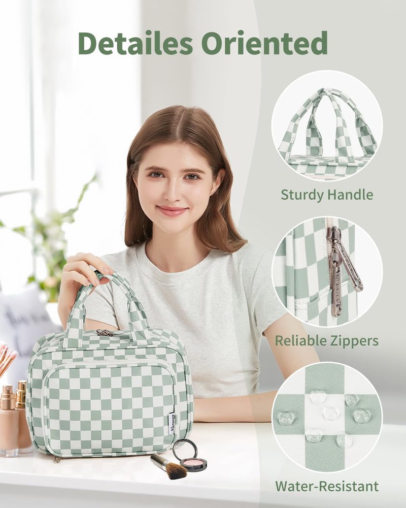 Large Travel Toiletry Bag - Checkered Makeup Organizer for Women | Mint Green