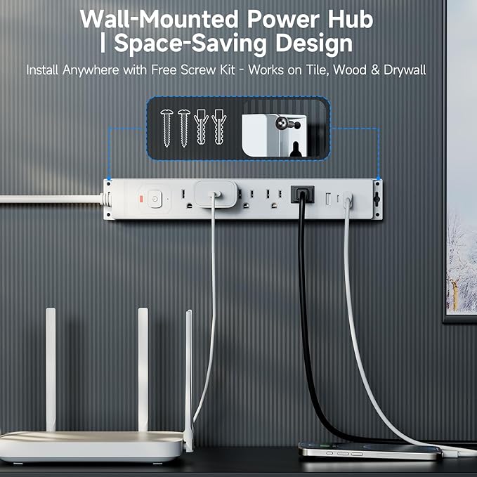 15 Ft Power Strip Surge Protector with USB Ports, Flat Plug Extension Cord, 5 AC Outlets and 3 USB Charging Ports, Wall Mountable for Home, Office, Dorm