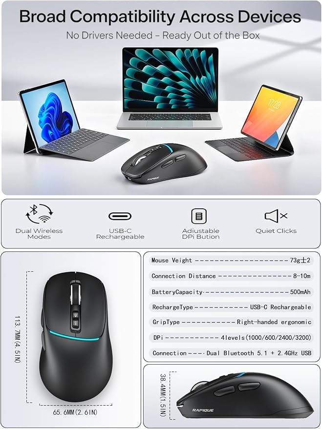 RAPIQUE Bluetooth Wireless Mouse, Dual Bluetooth + 2.4G, Connect Up to 3 Devices, USB-C Rechargeable, Quiet Click, 4 DPI Levels up to 3200, Ergonomic Right-Hand Design for PC, MacBook, Laptop - Black