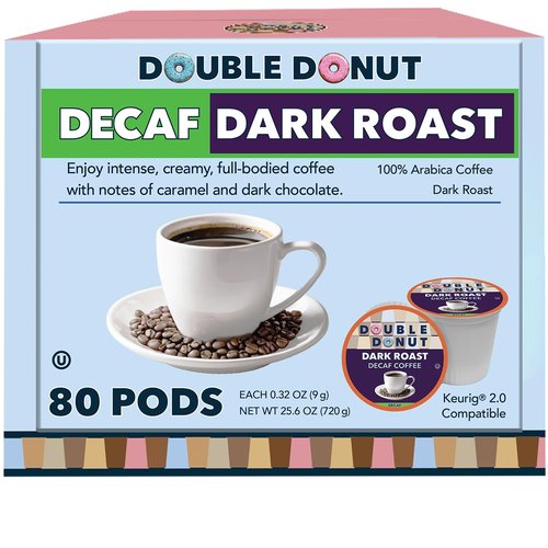 Double Donut Coffee - Decaf Dark Roast Pods | Extra Bold Blend for Keurig - 80 Recyclable Pods