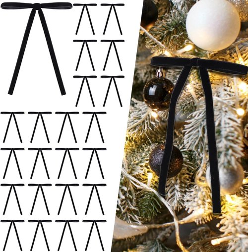 DIYDEC 24PCS Velvet Christmas Bow Ornaments - 5x7 Inch Black Ribbon Bows for Holiday Decor | Wreaths & Trees