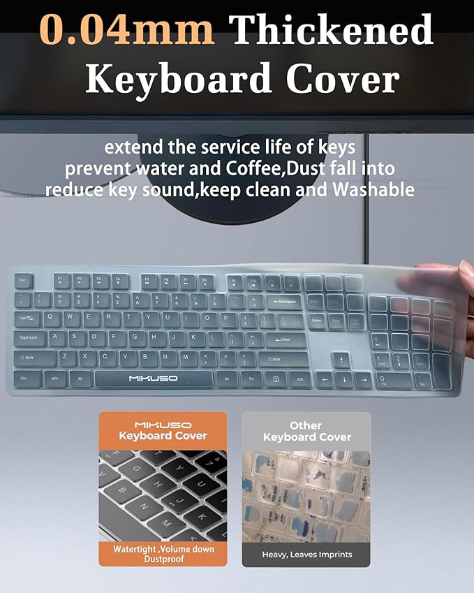 MIKUSO Wired Keyboard with Cover, 104 Keys Laser-Etched Non-Fade, 1.6m USB-A Cord, Spill-Resistant with dust-Proof Film, Full Size for Windows Mac PC Laptop, Office Home Business Programming