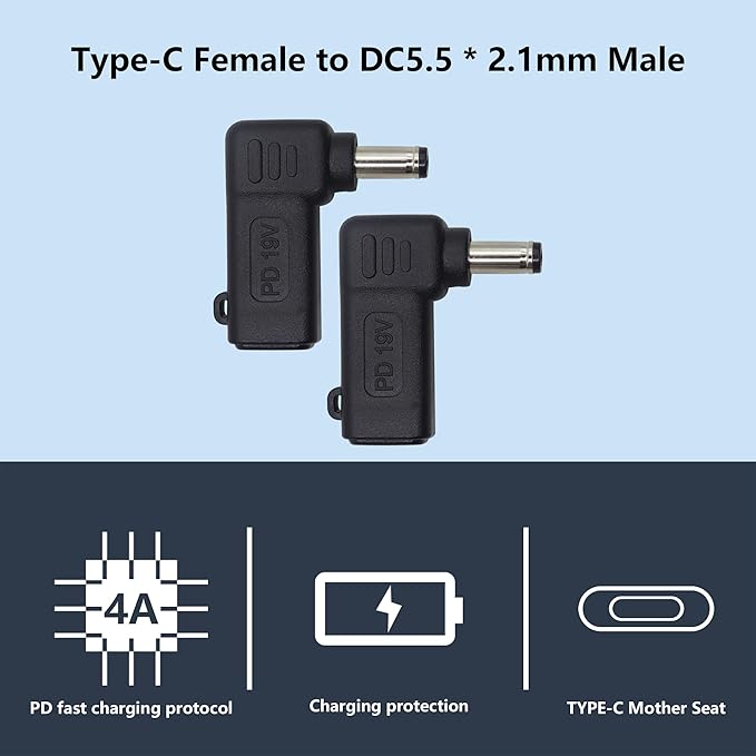 HCFeng 90W PD Type C to DC5521 Power Converter USB C to DC 5521 Laptop Charging Adapter 19V 4A Type C Female to DC 5.5 x 2.1mm Male Power Adapter for Studio and Travel [PD-5521]