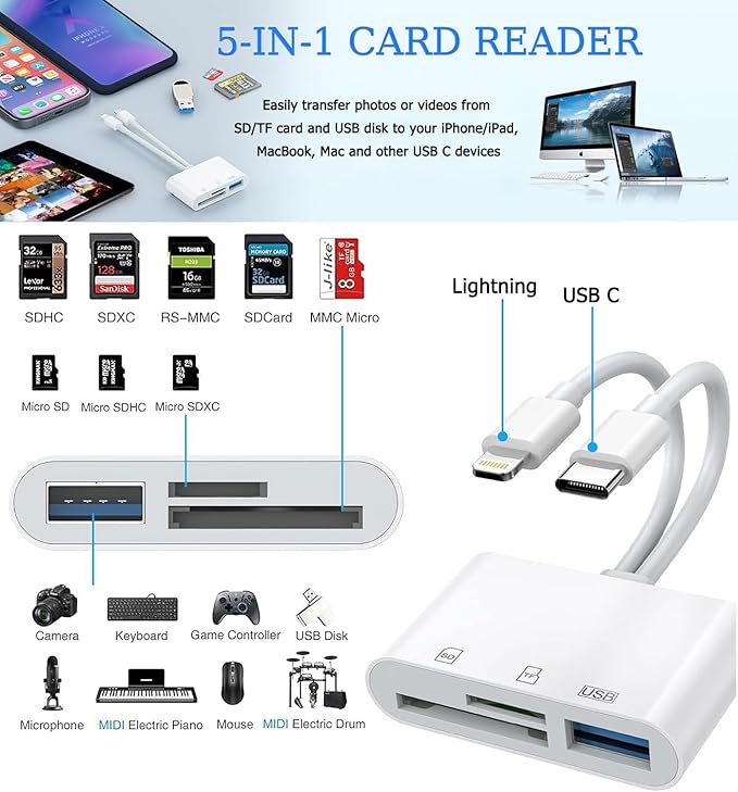 USB C SD Card Reader for iPhone, iPad, Lightning Dual Port SD Card Adapter, Memory Card Readers for Digital Camera Adapters, Support SD, Micro SD, USB3.0, Plug and Play