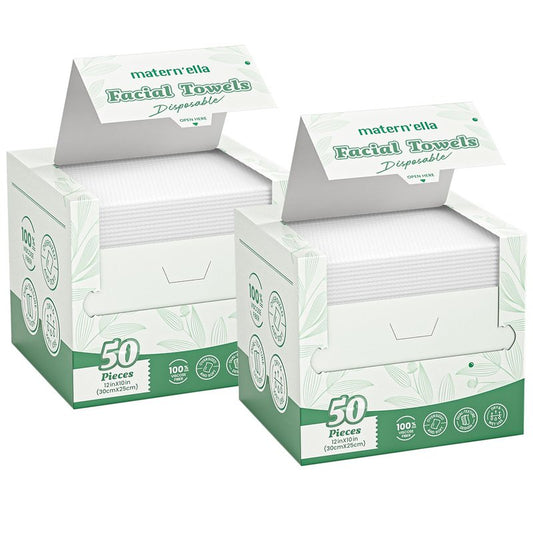 MATERN'ELLA Disposable Face Towels XL Ultra Soft Biodegradable Dry Wipes, Plant-Based Lint-Free Facial Towelettes for Makeup Removal & Sensitive Skin, Premium Texture for Effective Cleansing 2 x 50 Ct