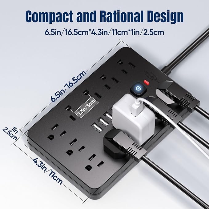 JouleLoom 2PCS 5 FT Flat Plug Surge Protector Power Strip,11 Multiple AC Outlets with 6 USB Ports (2 USB C), 5 Feet Extension Cord, 1250W/10A, One Touch Switch Button, 17 in 1 Compact powerstrip