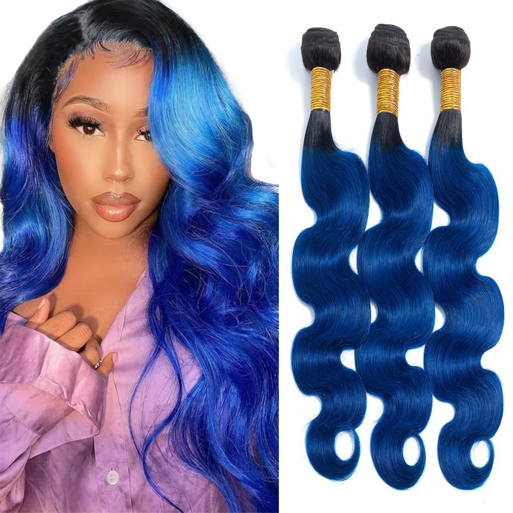 Cklikeb Human Hair Bundles T1B/Blue Color Body Wave Bundles Unprocessed Brazilian Virgin Human Hair 10 12 14 Inch 3 Bundles Quick Weave Human Hair Extensions 300g (T1B/Blue Body Wave, 10 12 14)