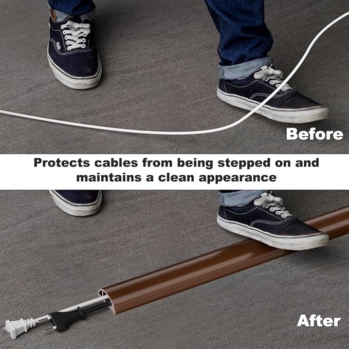 Kneelisa 4FT Side-Open Extension Cord Covers for Wires on Floor,Silicone Power Cable Protector Cord Hider Management Strip,Hide Electric Wire on Carpet,Chord Runner Protective Safety,Brown