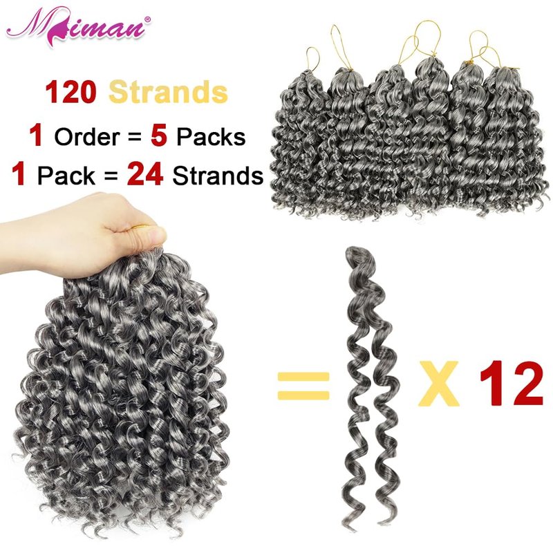 MIMAN 5 Packs 8 Inch Short Grey Beach Jamaican Bounce Synthetic Wand Curl Crochet Hair Curly Crochet Twist Braids Hair Extension For Black Women Ponytail Hairstyle