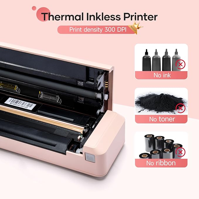 iDPRT MT888 Portable Thermal Printer, 300DPI HD Mobile-Travel-Printers, Inkless-Wireless-Small-Printer for Home Use, Office, Vehicles, Bluetooth Printers Supports 8.5" x 11" US Letter&A4&A5, Pink