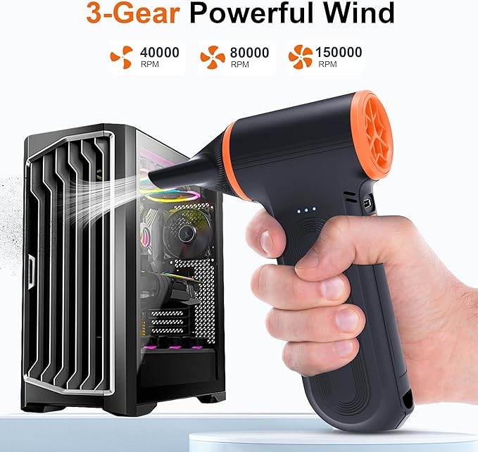 Compressed Air Duster-150000RPM Super Power Rechargeable Air Duster, 3-Gear Adjustable Mini Blower with Fast Charging, Electric Air Duster for Leaves,Computer, Keyboard, (Black)