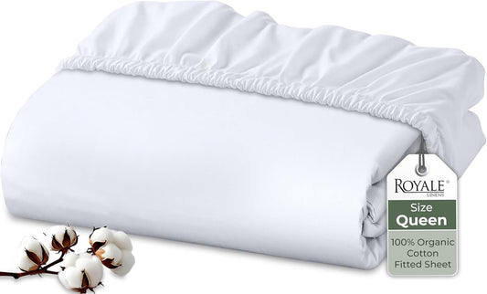 Royale Linens Organic Cotton Fitted Sheet - Super Soft Percale Weave - Queen Size (60"x80"+15") - White