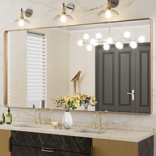 LOAAO Gold Bathroom Mirror - 72”x36” Rounded Rectangle Design | Wall-Mounted, Anti-Rust Tempered Glass