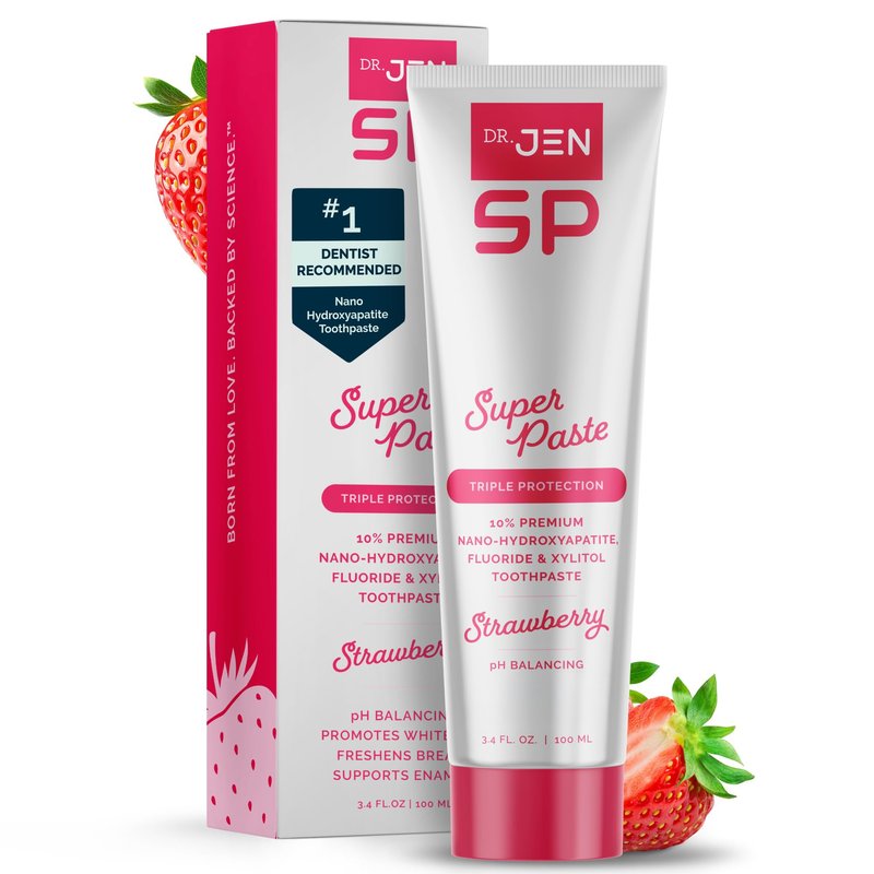 Dr. Jen Super Paste Toothpaste with Fluoride + 10% Premium Nano Hydroxyapatite, Xylitol, Strawberry, SLS Free, Vegan, Dentist Designed, Essential Oils, Fresh Clean Feel, 1 Pack