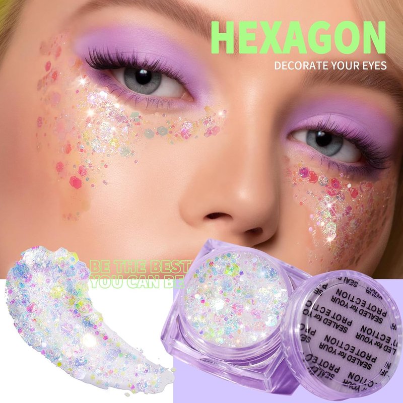 Face Glitter Gel for Women - Clear White Body Glitter with 6 Shapes | Chunky Rave Makeup Sequins