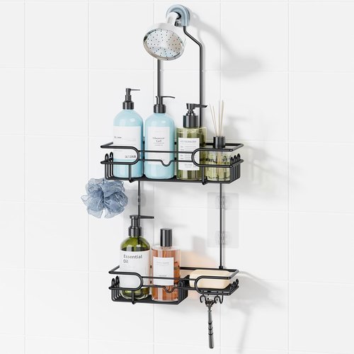 HapiRm Hanging Shower Caddy Organizer - Rustproof Bathroom Shelf with 12 Hooks & Soap Holder | Black