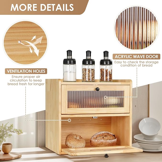 Sunhoo Bread Box for Kitchen Countertop Wooden Bread Storage Container Bin 2 Layer Breadbox Holder Large Capacity Keeper Vintage Farmhouse Food Organizer Pantry Shelf Acrylic Windowï¼Wood colorï¼