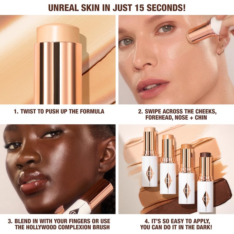 Charlotte Tilbury Unreal Skin Tint & Sheer Glow Hydrating Foundation Stick - Cream Foundation Makeup with Sheer-to-Light Coverage & a Buildable Formula - Blurring, Smoothing & Nourishing - 16 Deep