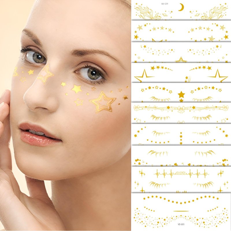10Pcs Gold Glitter Star Freckles Tattoo Sticker,Faux Freckle Patches Waterproof Temporary Tattoos Heart Design,Gold Glitter Freckles Face Tattoo,Cute Glitter Makeup Accessories for Women Girls