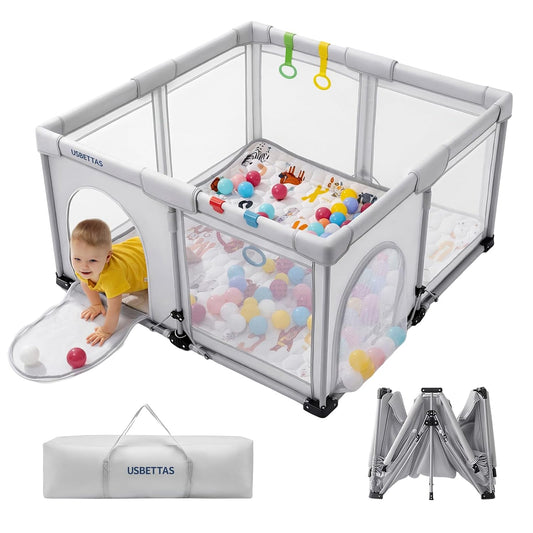 Skiennix Foldable Baby Playpen - Lightweight Portable Design with Quick 1-Minute Setup | 50"x50" Light Gray Safety Yard for Babies & Toddlers