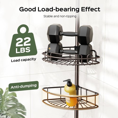 HAMITOR Corner Shower Caddy - 4-Tier Rust-Resistant Bathroom Organizer | Adjustable 47-121 Inch, No-Drill Installation - Bronze
