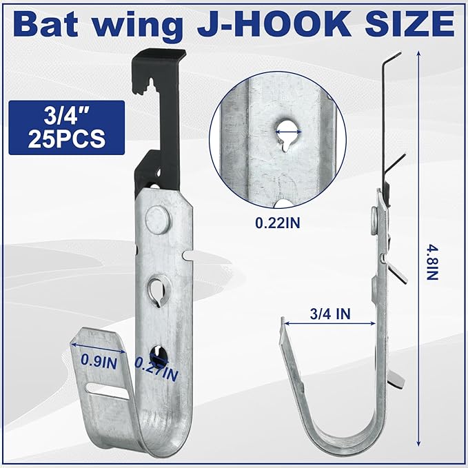 Zonon 25 Pcs J Hooks for Hanging Metal J Hook Hangers Cable Support with Bat Wing Heavy Duty G60 Galvanized Steel Cable Hooks for Attaching Ceiling Wire Threaded Rod (3/4 Inch)