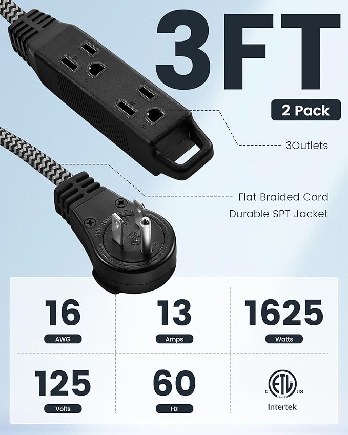 SURAIELEC 2-Pack Flat Extension Cord 3FT, 360° Rotating Plug, Braided Flat Plug with 3 Outlets, 16 AWG Thin Black Extension Cord for Indoor Use, Home, Office, Compact Spaces, ETL Listed