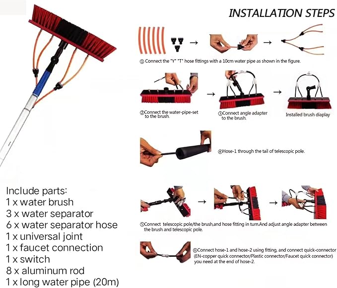 24ft Telescopic Window Cleaning Kit - Water Fed Extendable Brush & Pole for Solar Panel Roof & Conservatory Cleaning - 55cm Brush for Easy Access and Streak-Free Shine