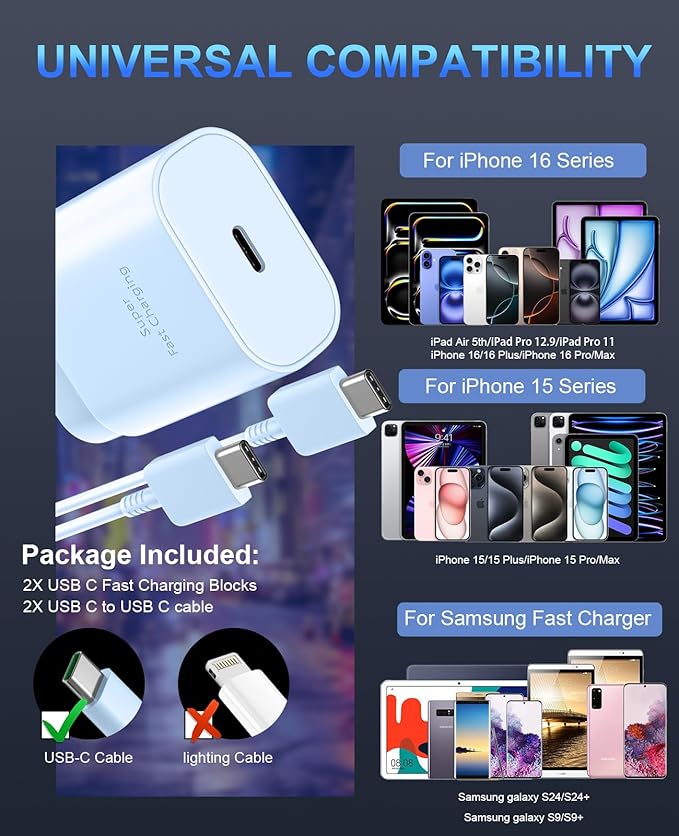 Phone 17 16 15 Charger Fast Charging,30W USB C Phone 17 16 15 Pro Max Charger Block &10FT Long Type C Cable Cord for i.Phone 17/Air/17 Pro/17 Pro Max/16/16 Plus/16 Pro/16 Pro Max/15/15 Pro Max,Blue