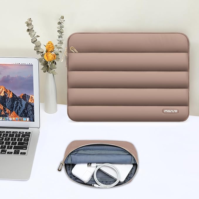 MOSISO Laptop Case 17.3 inch, 17-17.3 inch Puffy Laptop Sleeve Compatible with Dell XPS/HP Pavilion/Ideapad/Acer/Alienware/HP Omen Notebook Computer, Polyester Horizontal Bag with Small Case, Brown