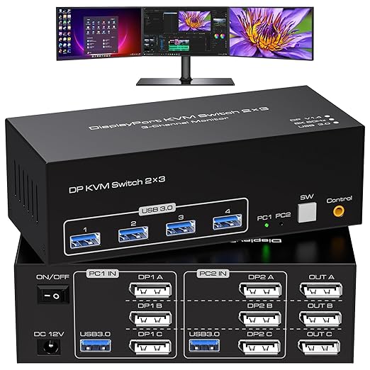ATLAHET 2 PC Share 4 USB 3.0 8K Displayport KVM Switch 3 Monitors 2 Computers 4K 120Hz DP