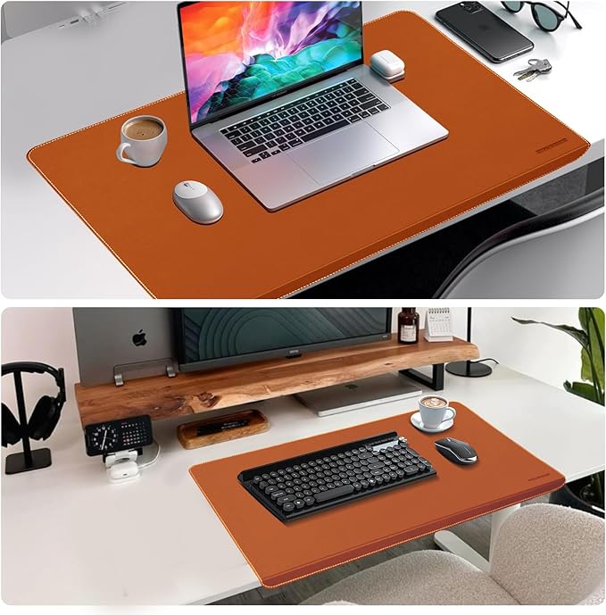 ERGO COLLECT Desk Mat with Lip & Reinforced Stitched Edge|Non-Slip Waterproof PU Leather Desk Pad|Ergonomic Keyboard Mouse Pad with Edge Protector|for Office, Home, Study(23.6" x 16.5",Brown)
