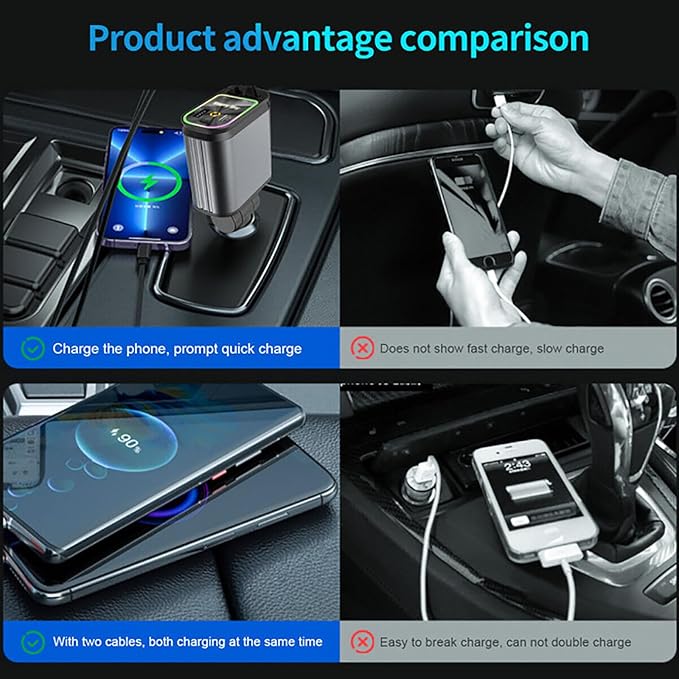 MLVOC 66W Retractable Car Charger with Starlight Projection, 4-in-1 Fast Charging Car Adapter with USB-C & Lightning Cables, Dual Ports, Adjustable Plug for iPhone, Android, Road Trips(Black)