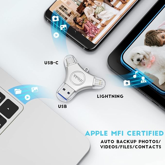 iDiskk MFi Certified 1TB Photo Stick for iPhone 17/16/15/14 USB Flash Drive,USB-C Mutil Ports External Storage for iOS and Android Phone,iPhone Memory Stick auto Backup Videos/Photos/Files