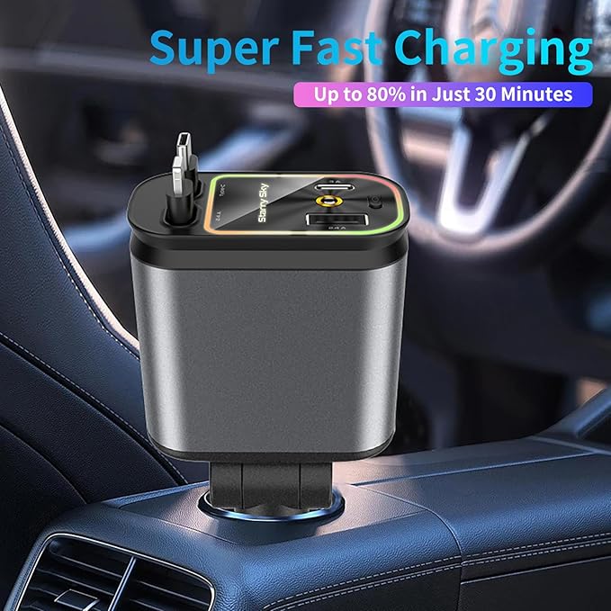 MLVOC 66W Retractable Car Charger with Starlight Projection, 4-in-1 Fast Charging Car Adapter with USB-C & Lightning Cables, Dual Ports, Adjustable Plug for iPhone, Android, Road Trips(Black)