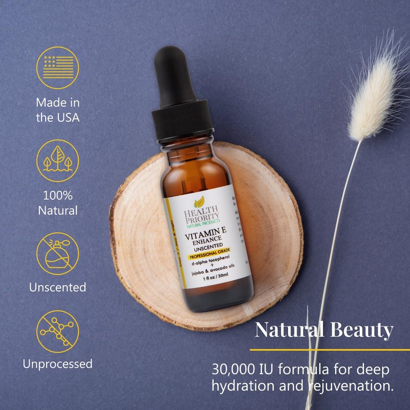 Health Priority Naturals|Organic Vitamin E Oil for Skin - Jojoba, Avocado Oil - Unscented, Handcrafted for Face/Hair, Non-GMO, No Gluten, 30000 IU, 1 Fl oz