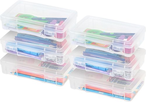IRIS USA Pencil Case Boxes - 6-Pack Plastic Bead Organizing Containers with Snap Lid | Clear Medium