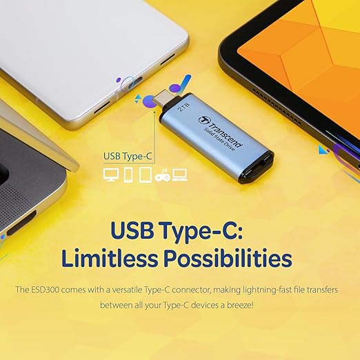 Transcend ESD300 2TB External SSD, Up to 1,050MB/s, Type C USB Drive for iPhone17,16,15, iPad&Mac/Pixel10/Tesla/Steam Deck/ROG Ally/MSI Claw/Android/PS5, Smart TV, USB 3.2 Gen2 Portable SSD- Sky Blue