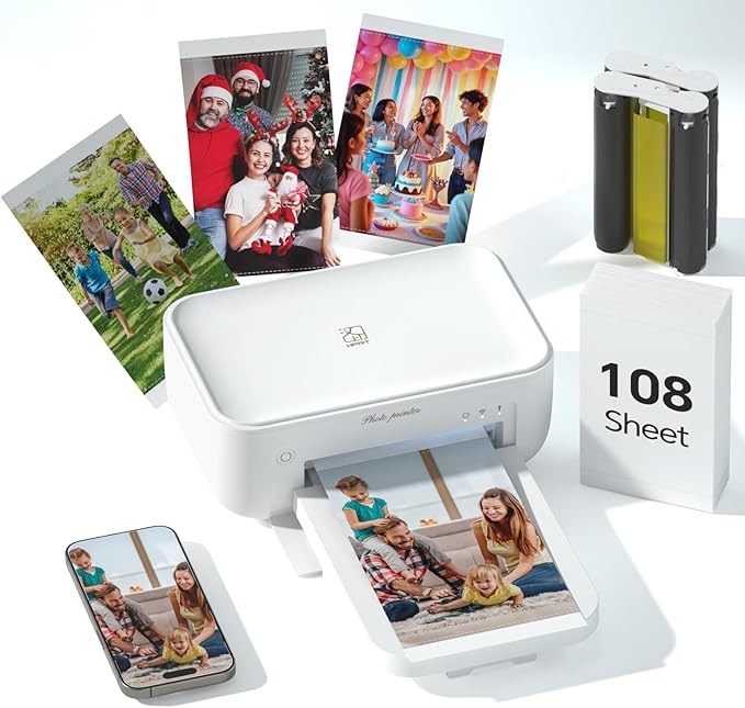 HPRT Photo Printer 4x6 with 108 Sheets & 2 Cartridges, Instant Picture Printer for iPhone & Android, Bluetooth Dye Sublimation Phone Photo Printer, Home Use, Ideal Gift, White
