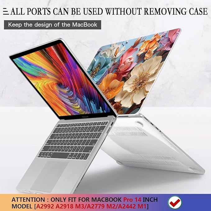 CISSOOK Compatible with MacBook Pro 14 inch Case 2026 2025 2024 2023 2022 2021 Release M5 M4 M3 M2 M1 Chip, Floral Hard Shell Case + Keyboard Cover Screen Protecor, Silk Flowers