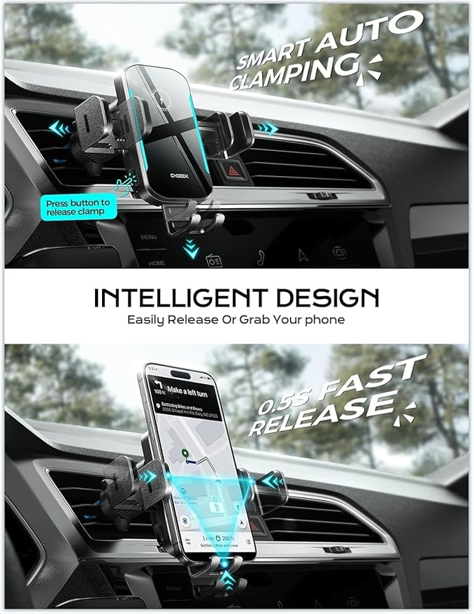 CHGeek Wireless Car Charger, 15W Fast Charging Auto-Clamping Phone Mount, Air Vent Holder with Blue LED for iPhone 17/16/15/14/13, Samsung S24/S23/S22 (Knight Black)