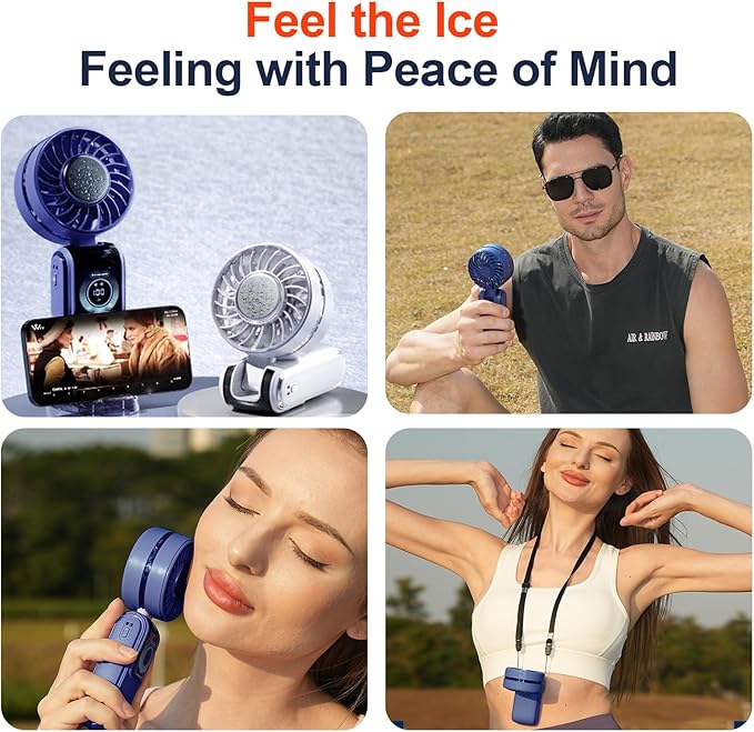 GZEduld Quiet Personal Handheld Fan with Stand & Lanyard, 5000mAh USB-C Rechargeable Battery, 12H Runtime 5-Speed LED Display Mini Cool Fan for Travel Beach Concerts Outdoor Events（Blue）