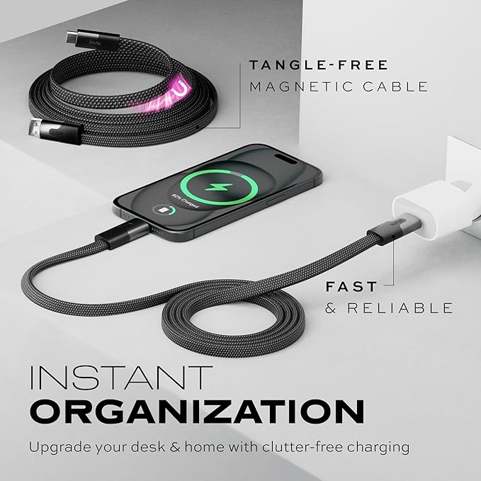 Statik MagStack Slim - USB to USB C Cable, Magnetic Anti Tangle Flat A to Type C Charger Fast Charging Cord, Magnetic Charging Cable, Compatible with iPhone, iPad & Android, 27W 6FT