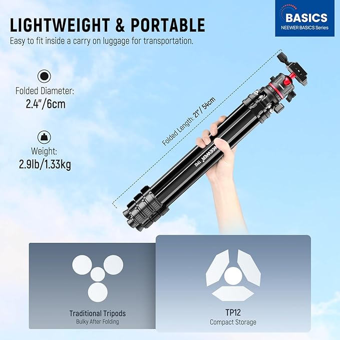 NEEWER Basics 66.5"/169 cm Travel Tripod for Camera, Lightweight Portable DSLR Stand with Ball Head, Arca Type QR Plate, Cell Phone Holder Compatible with iPhone Video Recording, Max Load 11 lb, TP12