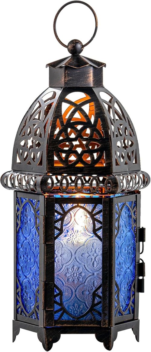 DECORKEY Vintage Candle Lantern - 12.8’’ Moroccan Style Metal Hanging & Tabletop Lantern | Blue Home Decor